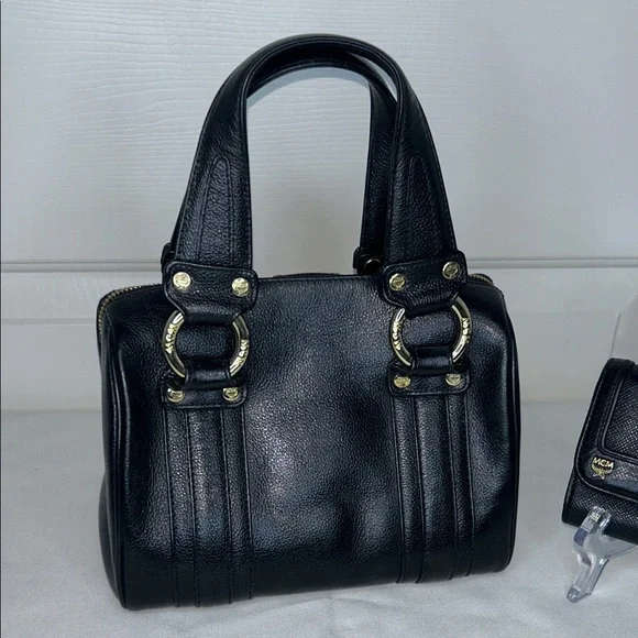 MCM Boston Mini Black Pebble Leather Bag, Matching Wallet Gold Hardware Vintage - Picture 5 of 17